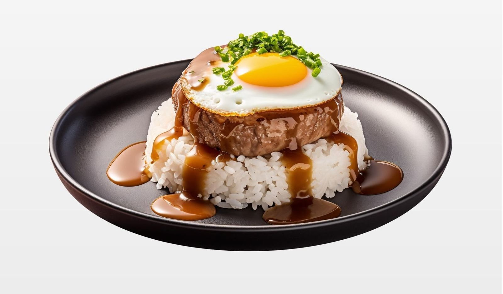 Loco moco with a fried egg and gravy over rice
