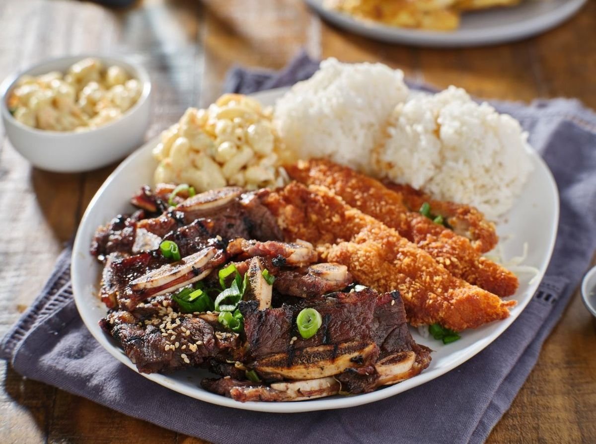 BBQ short rib and katsu chicken plate